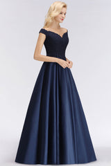 Elegant Off-the-Shoulder Beads Navy Satin Bridesmaid Dresses