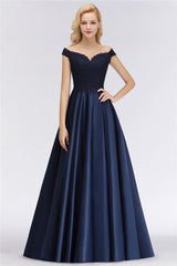 Elegant Off-the-Shoulder Beads Navy Satin Bridesmaid Dresses