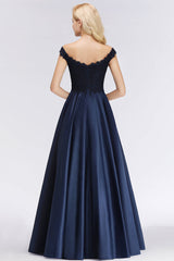 Elegant Off-the-Shoulder Beads Navy Satin Bridesmaid Dresses