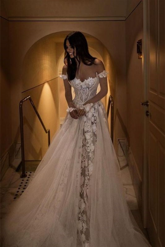 Elegant Off-The-Shoulder Lace A Line Wedding Dress