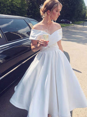 Elegant Off the Shoulder Tea Length White Satin Wedding Dress