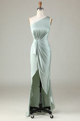 Elegant One Shoulder Matcha Ruched Long Bridesmaid Dress