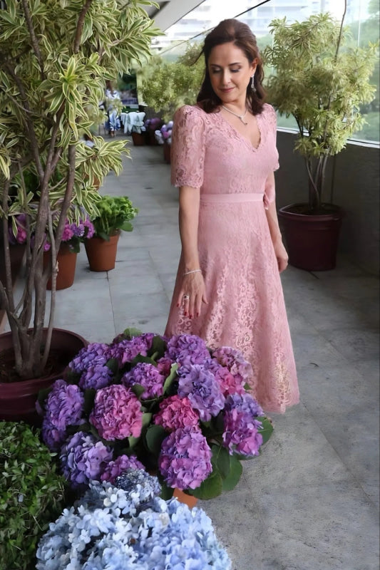 Elegant Pink Lace Mother of the Bride Dress V-neck Aline Formal Dress