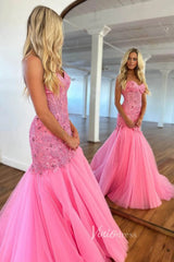 Elegant Pink Mermaid Prom Dress with Lace Applique Bodice and Tulle Bottom FD3501