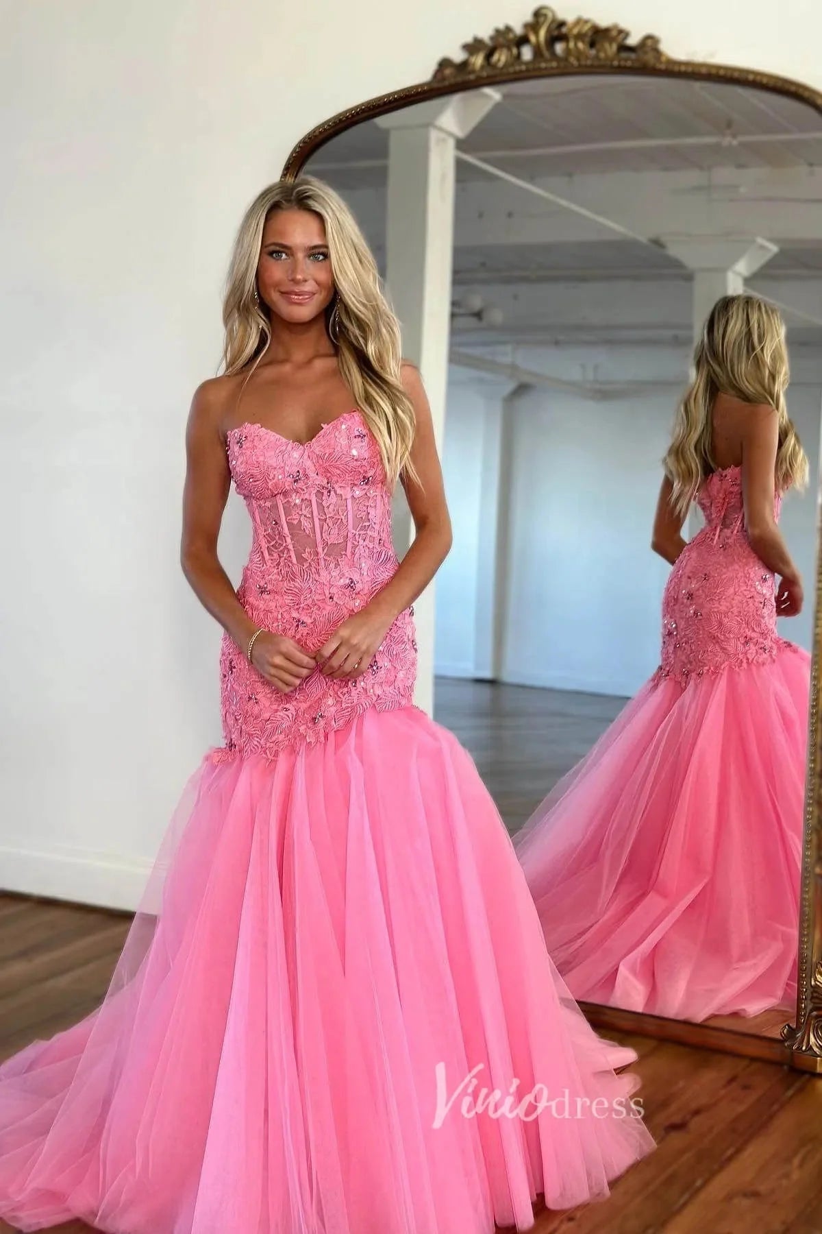 Elegant Pink Mermaid Prom Dress with Lace Applique Bodice and Tulle Bottom FD3501