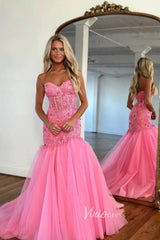Elegant Pink Mermaid Prom Dress with Lace Applique Bodice and Tulle Bottom FD3501