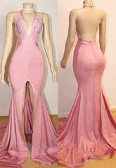 Elegant Pink Prom Party Gowns| Backless Lace Evening Gown With Slit