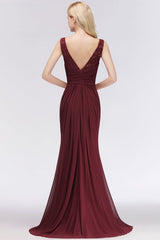 Elegant Pleated Chiffon Lace Bridesmaid Dress Burgundy Mermaid Formal Dress