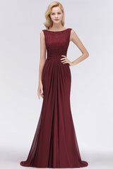 Elegant Pleated Chiffon Lace Bridesmaid Dress Burgundy Mermaid Formal Dress