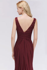 Elegant Pleated Chiffon Lace Bridesmaid Dress Burgundy Mermaid Formal Dress