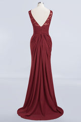 Elegant Pleated Chiffon Lace Bridesmaid Dress Burgundy Mermaid Formal Dress