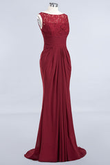 Elegant Pleated Chiffon Lace Bridesmaid Dress Burgundy Mermaid Formal Dress