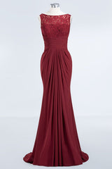 Elegant Pleated Chiffon Lace Bridesmaid Dress Burgundy Mermaid Formal Dress
