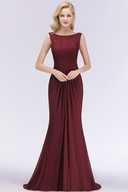 Elegant Pleated Chiffon Lace Bridesmaid Dress Burgundy Mermaid Formal Dress