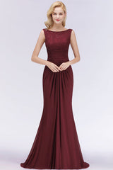 Elegant Pleated Chiffon Lace Bridesmaid Dress Burgundy Mermaid Formal Dress