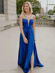 Elegant Pleated Satin Prom Dresses 2025 Spaghetti Strap Formal Gown with Slit - FD5132