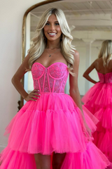 Elegant Rose Prom Dress With Sleeveless Gown and Tulle Train