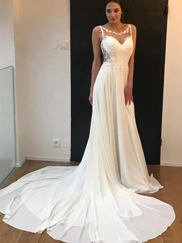 Elegant Round Neck Lace White Chiffon Wedding Dress