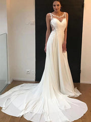 Elegant Round Neck Lace White Chiffon Wedding Dress