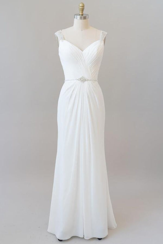 Elegant Ruffle Beading Chiffon Sheath Wedding Dress
