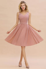 Elegant Ruffle Chiffon Short Bridesmaid Dress Sleeveless V-Neck Aline Knee Length Homecoming Dress