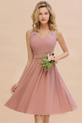 Elegant Ruffle Chiffon Short Bridesmaid Dress Sleeveless V-Neck Aline Knee Length Homecoming Dress