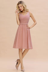 Elegant Ruffle Chiffon Short Bridesmaid Dress Sleeveless V-Neck Aline Knee Length Homecoming Dress