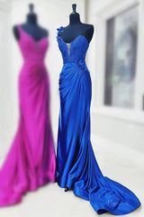 Elegant Satin Lace Prom Dress 2025 with One Shoulder, 3D Flower, Slit, Sweetheart Neck – FD5014