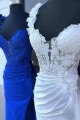 Elegant Satin Lace Prom Dress 2025 with One Shoulder, 3D Flower, Slit, Sweetheart Neck – FD5014