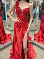 Elegant Satin Lace Prom Dress 2025 with One Shoulder, 3D Flower, Slit, Sweetheart Neck – FD5014