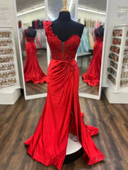 Elegant Satin Lace Prom Dress 2025 with One Shoulder, 3D Flower, Slit, Sweetheart Neck – FD5014