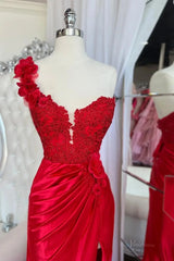 Elegant Satin Lace Prom Dress 2025 with One Shoulder, 3D Flower, Slit, Sweetheart Neck – FD5014