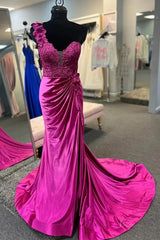Elegant Satin Lace Prom Dress 2025 with One Shoulder, 3D Flower, Slit, Sweetheart Neck – FD5014