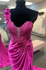 Elegant Satin Lace Prom Dress 2025 with One Shoulder, 3D Flower, Slit, Sweetheart Neck – FD5014
