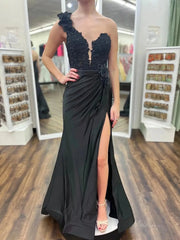 Elegant Satin Lace Prom Dress 2025 with One Shoulder, 3D Flower, Slit, Sweetheart Neck – FD5014