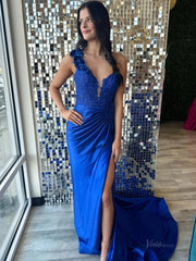 Elegant Satin Lace Prom Dress 2025 with One Shoulder, 3D Flower, Slit, Sweetheart Neck – FD5014