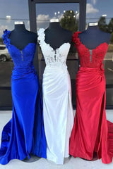 Elegant Satin Lace Prom Dress 2025 with One Shoulder, 3D Flower, Slit, Sweetheart Neck – FD5014