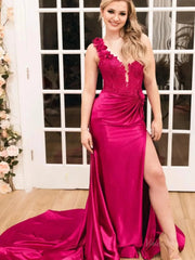 Elegant Satin Lace Prom Dress 2025 with One Shoulder, 3D Flower, Slit, Sweetheart Neck – FD5014