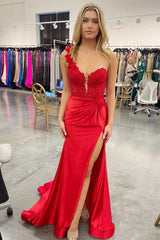 Elegant Satin Lace Prom Dress 2025 with One Shoulder, 3D Flower, Slit, Sweetheart Neck – FD5014