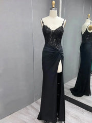 Elegant Satin Mermaid Prom Dress 2025 with Slit, Spaghetti Strap & Lace Bodice  – FD5045