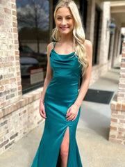 Elegant Satin Mermaid Prom Dresses 2025 with Cowl Neck, Spaghetti Strap & Slit – FD5089