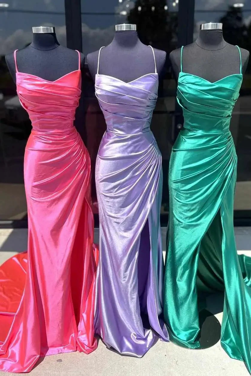 Elegant Satin Mermaid Prom Dresses 2025 with Pleated Bodice, Spaghetti Strap & Slit – FD5090