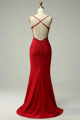 Elegant Satin Mermaid Prom Dresses 2025 with Spaghetti Strap & Lace Applique – FD5071