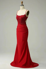 Elegant Satin Mermaid Prom Dresses 2025 with Spaghetti Strap & Lace Applique – FD5071