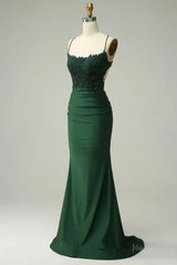 Elegant Satin Mermaid Prom Dresses 2025 with Spaghetti Strap & Lace Applique – FD5071