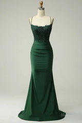 Elegant Satin Mermaid Prom Dresses 2025 with Spaghetti Strap & Lace Applique – FD5071