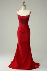 Elegant Satin Mermaid Prom Dresses 2025 with Spaghetti Strap & Lace Applique – FD5071