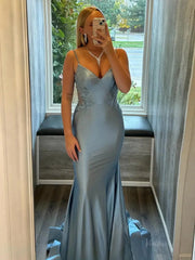 Elegant Satin Mermaid Prom Dresses 2025 with V-Neck, Lace Applique & Spaghetti Strap – FD5061