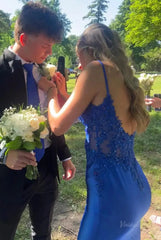 Elegant Satin Mermaid Prom Dresses 2025 with V-Neck, Lace Applique & Spaghetti Strap – FD5061
