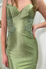 Elegant Satin Mermaid Prom Dresses 2025 with V-Neck, Lace Applique & Spaghetti Strap – FD5061